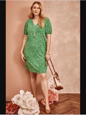 J. Jill Sheath Dress Green V-neck Puff Sleeves Pockets 2X Polka Dots NWT